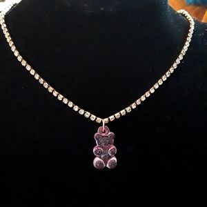 PINK GUMMY BEAR NECKLACE WITH RHINESTONE CHAIN NEW